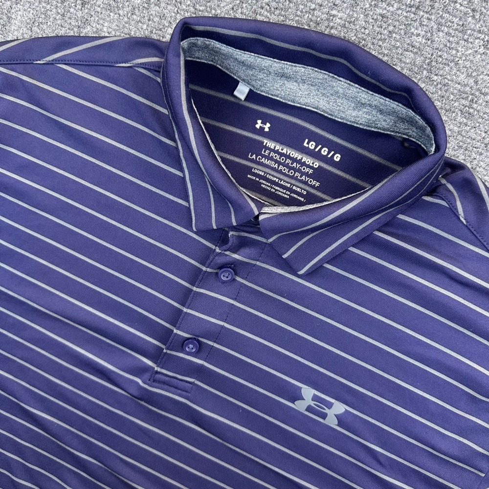 Under‎ Armour The Playoff Polo Core Stripe Golf Shirt Mens L Blue Gray Striped